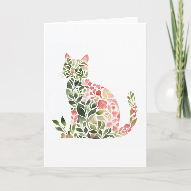 Cartão Whimssal Floral Cat Aquarela Saudação (Frente)