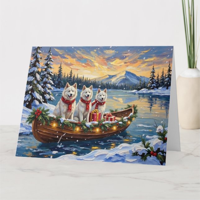 Cartão White American Eskimo Dog Christmas Boat Holiday (Frente)