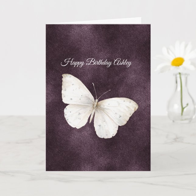 Cartão White Butterfly Purple Birthday (Planta pequena)