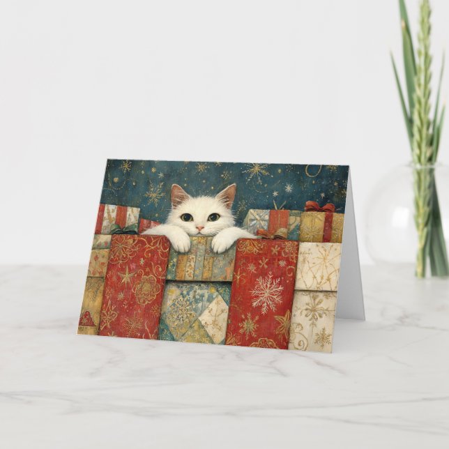 Cartão White Cat Peeking over Christmas Gifts Greeting (Frente)