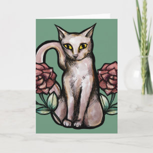 Cartão White Cat Vintage Rosa Rosas White Gatinhos Art