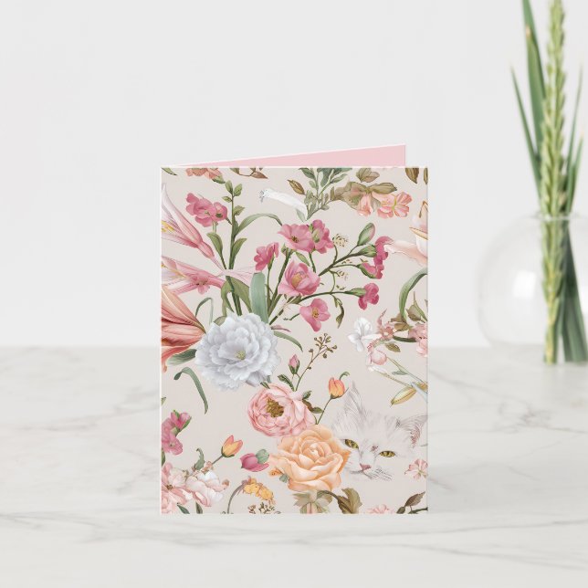 Cartão White Cats Pink Roses Floral Flat Thank You Card (Frente)