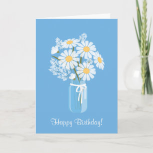 Cartão White Daisies Mason Jar no Blue Happy Birday