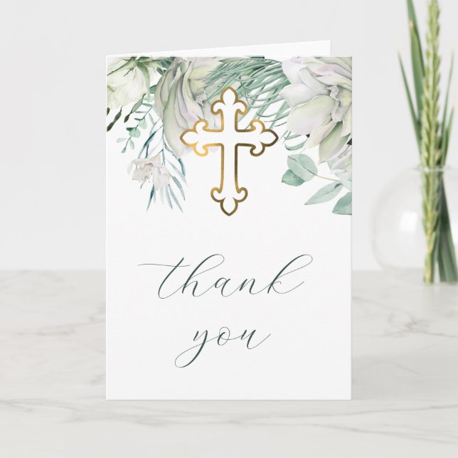 Cartão White Flowers and Greenery Religious Thank You (Frente)