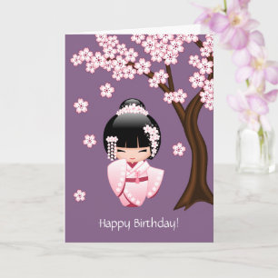 Cartão White Kimono Kokeshi Doll - Cute Geisha Birthday