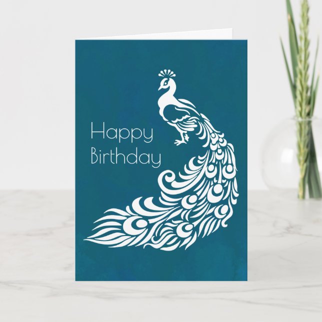 Cartão White Peacock no Teal Happy Birthday (Frente)