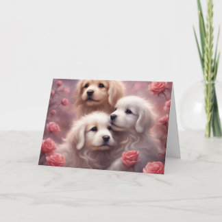 Cartão White Puppies Pink Roses Valentines Day