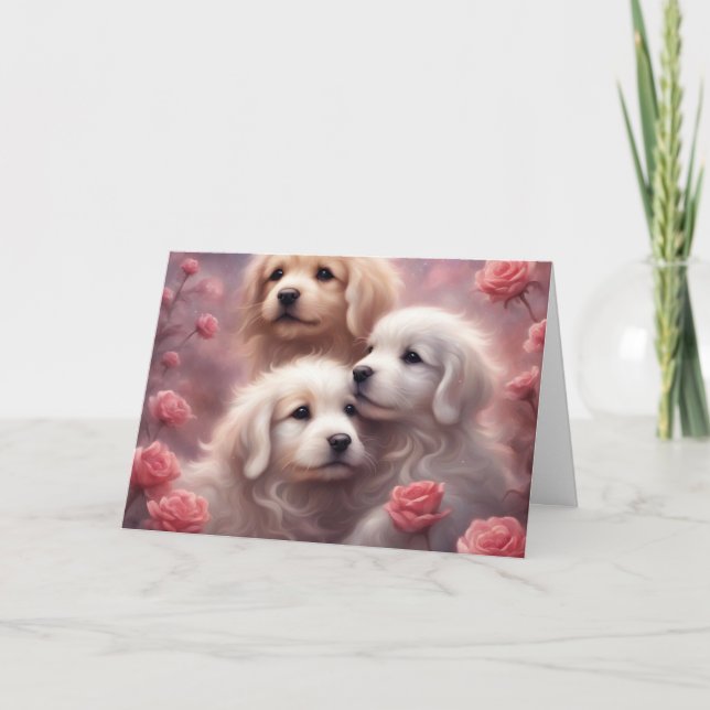 Cartão White Puppies Pink Roses Valentines Day (Frente)