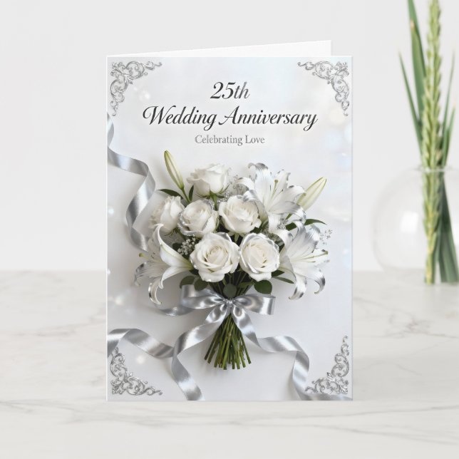 Cartão White Roses and Silver Ribbon 25th Anniversary (Frente)