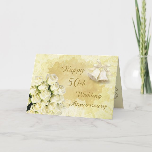 Cartão White roses, bells 50th Wedding Anniversary Card (Frente)