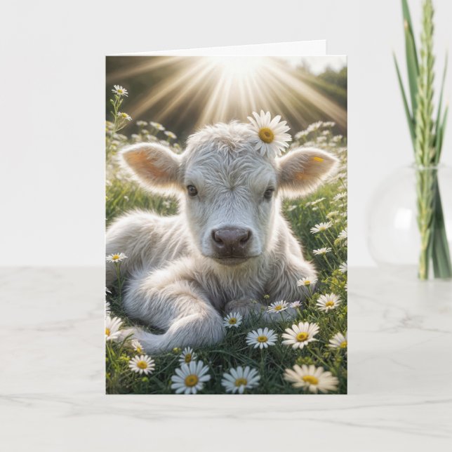 Cartão White Scottish Highland Calf Birthday (Frente)