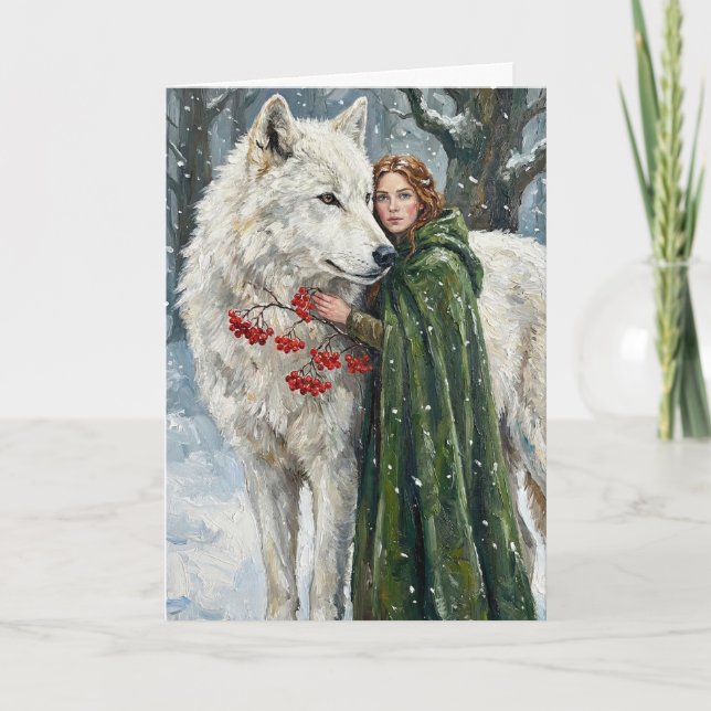 Cartão White Wolf Redhead Druid Winter Berries Fantasy Ar (Frente)