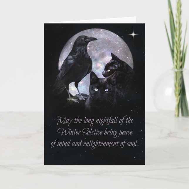 Cartão Wicca Pagã Solstício de Inverno Corvo e Gatos (Frente)