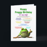 Cartão Wife , Birthday, Frog Jokes<br><div class="desc">A funny birthday card for your wife. Lots of really bad frog jokes. A cool frog puts his thumb up to show he likes the jokes. give a laugh as well as a cool birthday card.</div>