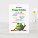 Cartão Wife , Birthday, Frog Jokes<br><div class="desc">A funny birthday card for your wife. Lots of really bad frog jokes. A cool frog puts his thumb up to show he likes the jokes. give a laugh as well as a cool birthday card.</div>