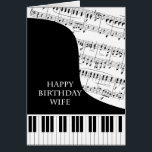 Cartão Wife Piano and Music Birthday<br><div class="desc">A birthday card for a wife who is into piano music. A grand piano with the keys along the bottom of the card. A sheet of music fills the background. A great card for someone who loves music. This is NOT a musical card,  it does NOT play music:</div>