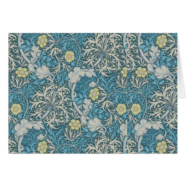 Cartão William Morris, padrão art nouveau, algas, azul,f (Frente horizontal)
