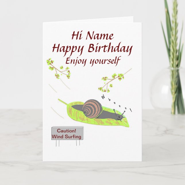 Cartão Wind Surfing Snail, Funny birthday card. (Frente)