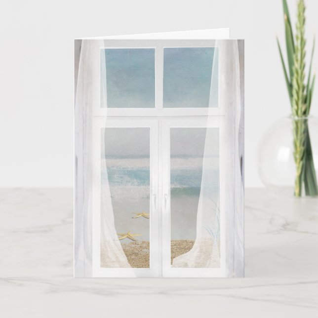 Cartão window with sheer curtain and ocean view (Frente)
