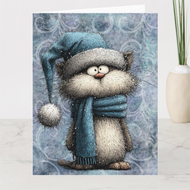 Cartão Winter Blue Christmas Cat With Hat And Scarf (Frente)