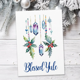 Cartão Winter Boho Blue Crystals & Holly Yule Solstice