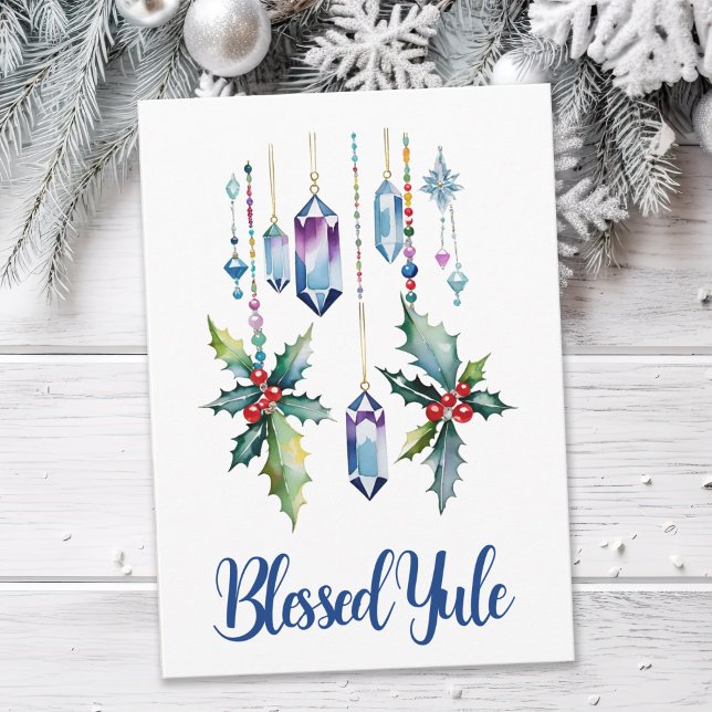 Cartão Winter Boho Blue Crystals & Holly Yule Solstice (Criador carregado)