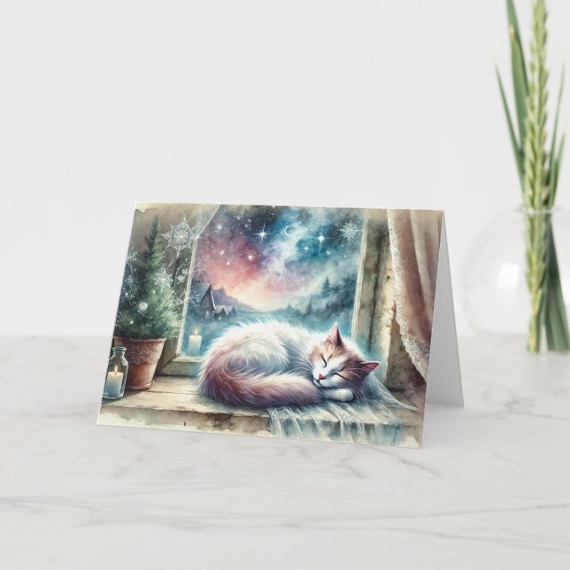 Cartão Winter Cat Watercolor Holiday Card (Frente)