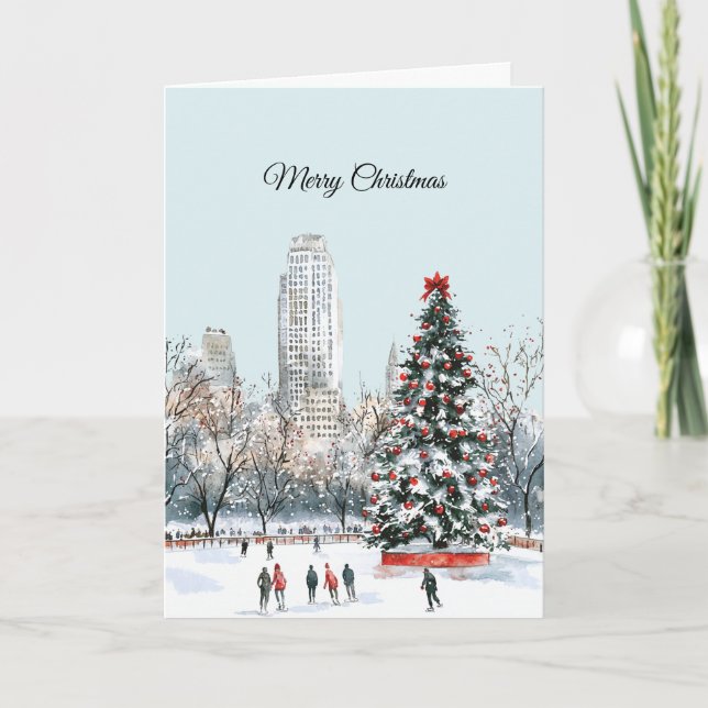 Cartão Winter Christmas Tree City Ice Skaters Buildings (Frente)