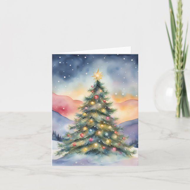 Cartão Winter Christmas Tree Snowy Sunset Scenery (Frente)