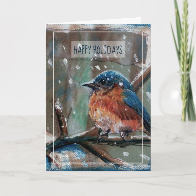 Cartão Winter Eastern BlueBird Painting Happy Holidays Ca (Frente)