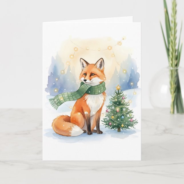 Cartão Winter Fox with Green Scarf and Christmas Tree (Frente)
