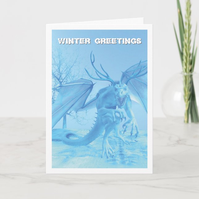 Cartão Winter Greetings. Ice dragon with antlers (Frente)