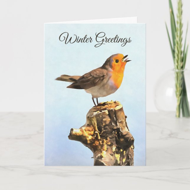 Cartão Winter Greetings. Robin singing  (Frente)
