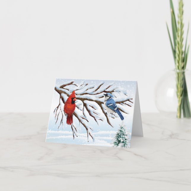 Cartão Winter Red Cardinal and Blue Jay Note Card (Frente)