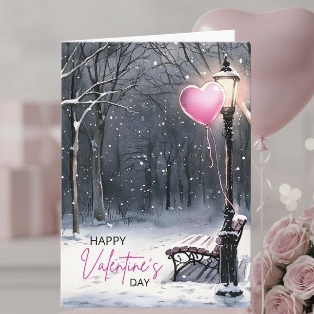 Cartão Winter Scene–Pink Hearts Happy Valentine's Day (Criador carregado)