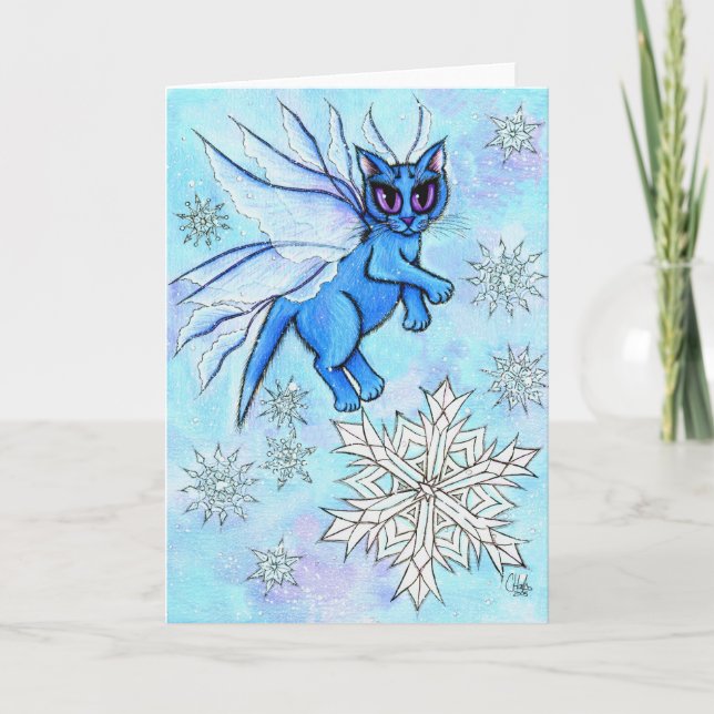 Cartão Winter Snowflake Fairy Cat Fantasy Art Card (Frente)