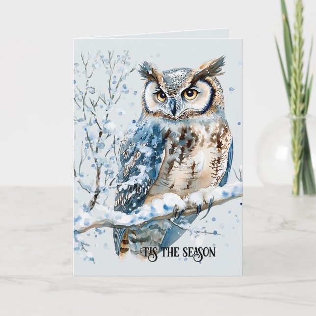 Cartão Winter Snowflakes Blue Owl Christmas (Frente)