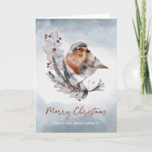 Cartão Winter Watercolor Robin Merry Christmas Card