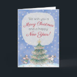 Cartão Winter Wonderland Nutcracker Theme Christmas<br><div class="desc">This whimsical and enchanting custom Christmas card features a Winter Wonderland Nutcracker theme. The background has chunky snowflakes falling over a crisp blue sky. The Mouse King and Queen are dancing around a Christmas tree in the bottom portion. The message on the front reads, "We wish you a Merry Christmas...</div>