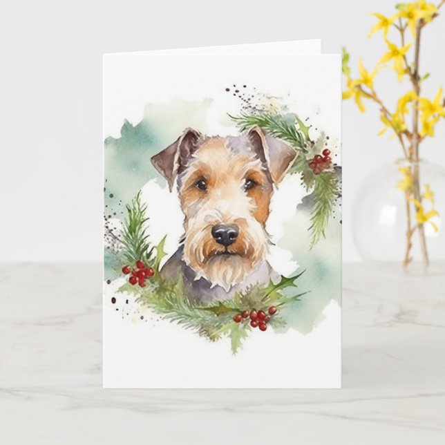 Cartão Wirefox Terrier Wreath de Natal Festivo Pup (Flor Amarela)