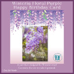 Cartão Wisteria Photo Happy Birthday Greeting Card<br><div class="desc">A photo of a wisteria bloom graces the front of this notecard,  wishing the recipient a happy birthday. Vivid purple blooms really stand out against a soft focused background. Wording can be changed to reflect the sender's personal greeting,  both on the front cover and the inside of the card.</div>