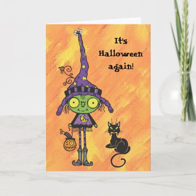 Cartão Witch and Black Cat Halloween Card (Frente)