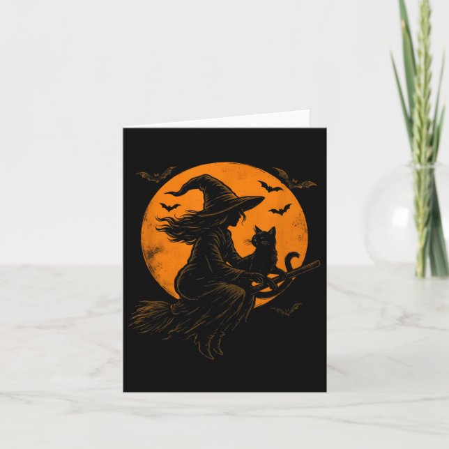 Cartão Witch And Cute Cat Black Kitten For Halloween Cost (Frente)