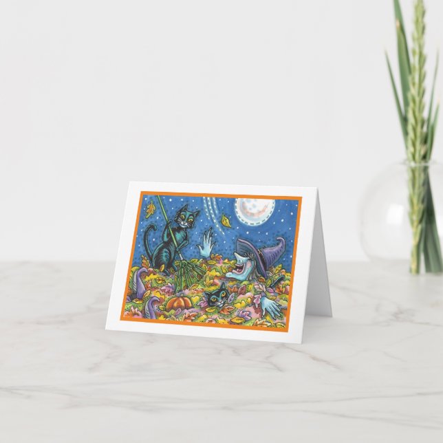 CARTÃO WITCH & BLACK CATS RAKING LEAVES HALLOWEEN CARD (Frente)