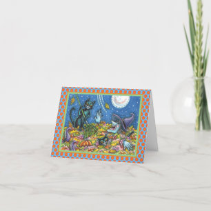 CARTÃO WITCH & BLACK CATS RAKING LEAVES HALLOWEEN CARD