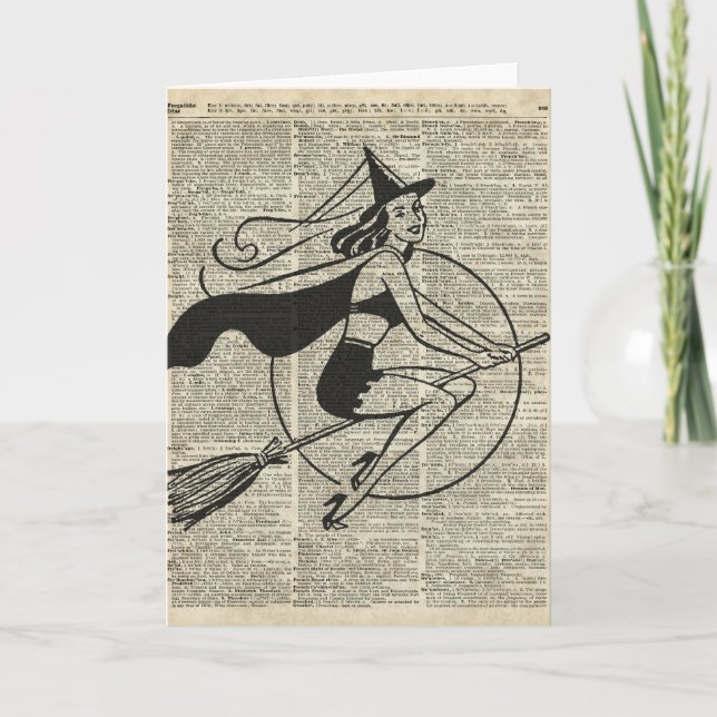 Cartão Witch Flying on Broom,Haloowen, Vintage Collage (Frente)