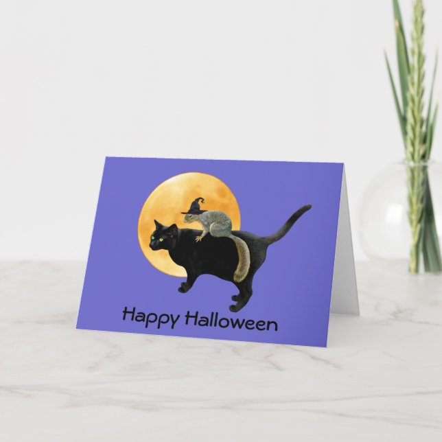 Cartão Witch Squirrel on Cat Halloween Card (Frente)