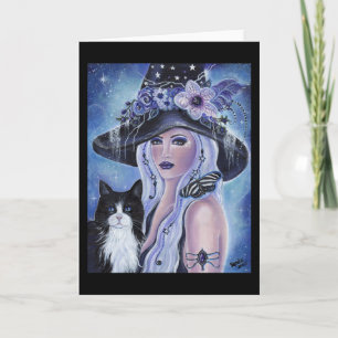 Cartão Witch with tuxedo cat art by Renee L. Lavoie