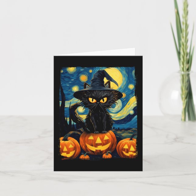 Cartão Witry Cat Starry Night Van Gogh Retro Halloween Ca (Frente)
