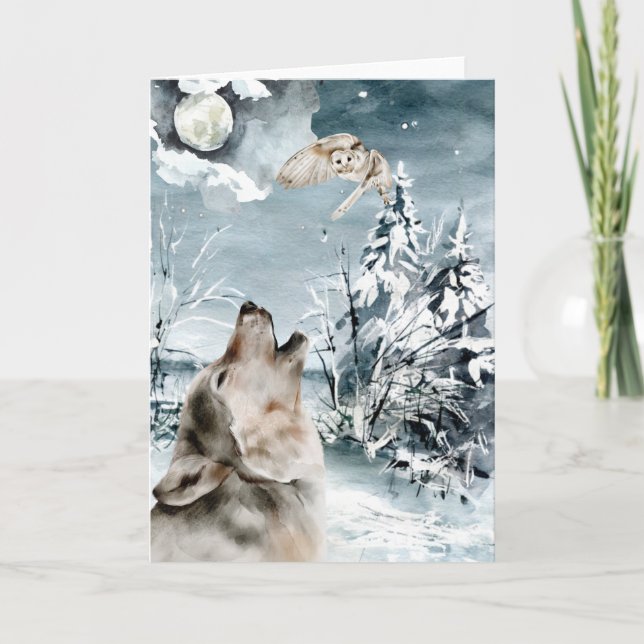 Cartão Wolf Moon Winter scape Watercolor Holiday (Frente)